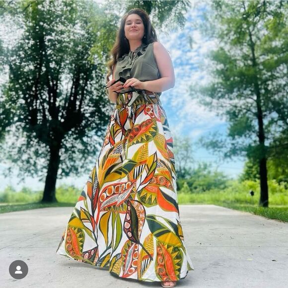 Cato Vibrant Flowy Tropical Satin Extra Wide Leg Palazzo Pants Green Orange M - Picture 1 of 11